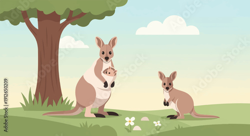 Two kangaroos stand in a field with a joey in one's pouch