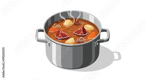 A vibrant isometric illustration portrays a savory simmering pot of hearty beef stew, brimming with tender meat chunks, fresh carrots, and