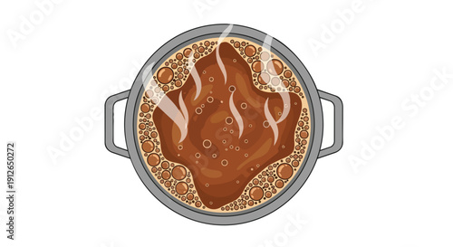 An intricate top-down illustration of a steaming culinary concoction, bubbling vigorously within a metallic cooking vessel, signifying warmth and