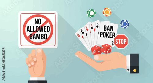 Two hands, one holding a 'no gambling' sign, the other presenting poker
