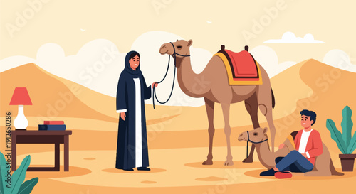 Two people and camels in a desert landscape with sand dunes and plants
