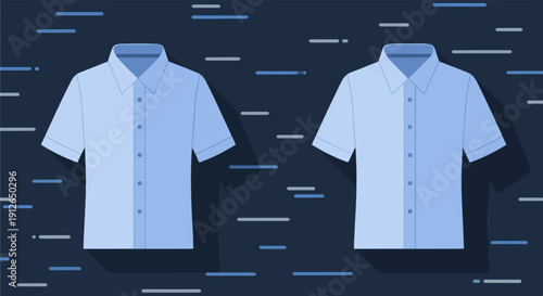 Two light blue short-sleeved button-up shirts on a dark background
