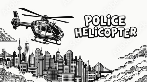 police helicopter aviation aircraft rotor flight above urban sky clouds at moderate altitude across city horizon showing security transport aerospace engine pilot