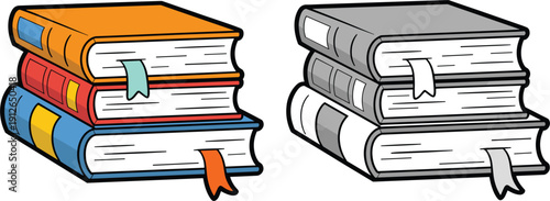 Stack of colorful and gray books with bookmarks, education and library concept, flat vector illustration