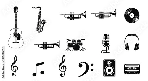 Music Instruments and Symbols Black White.