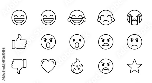 Set of Simple Black Line Emojis Icons.