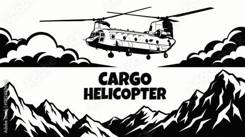 cargo helicopter aviation aircraft rotor flight across mountain sky clouds at medium altitude beyond wide horizon showing freight transport aerospace engine pilot