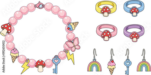 Obraz na plátně Cute kawaii jewelry vector illustration set with pastel bracelet rings and earri