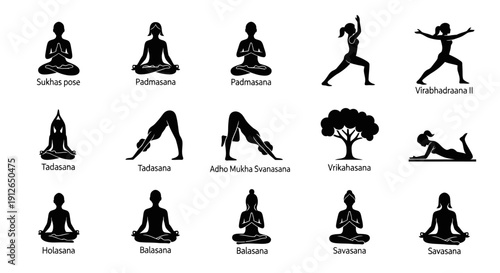 Yoga Silhouettes Showing Various Meditation Poses.