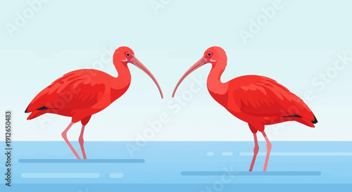 Two bright red ibis stand facing each other in shallow blue water