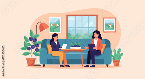 Two women are sitting on a couch, one on a laptop, the other on a tablet