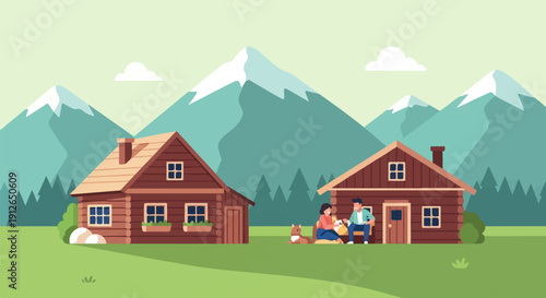 Two cabins with a family and dog in a mountainous landscape
