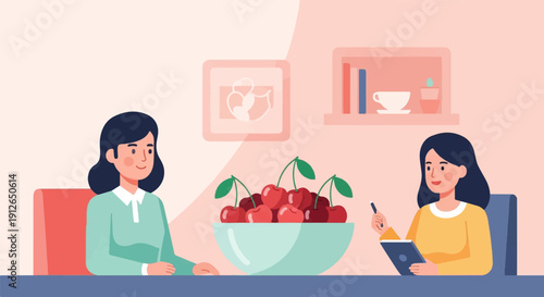 Two women at a table, a bowl of cherries between them