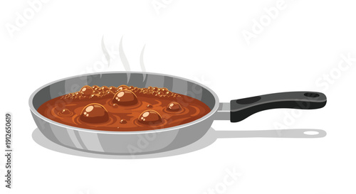 Vibrant illustration of a steaming culinary creation, a richly colored sauce bubbling actively in a kitchen pan, ready for a delightful meal serving.