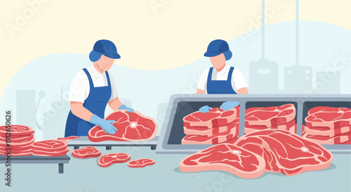 Two butchers in blue aprons and caps prepare meat cuts in a clean, bright facility