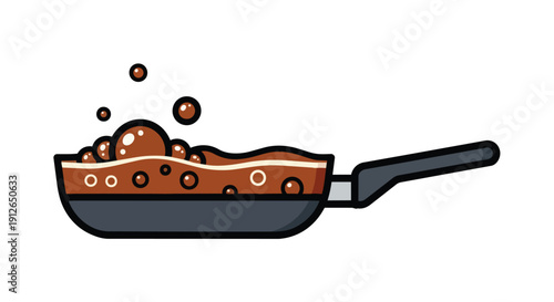 Illustrative depiction of bubbling brown liquid simmering in a dark frying pan
