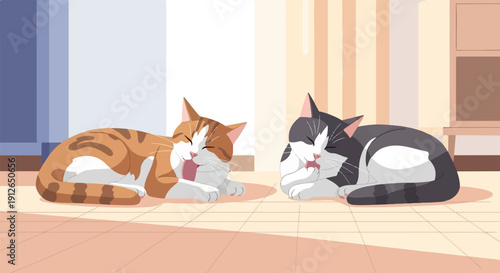 Two cartoon cats, one orange tabby and one grey tabby, grooming themselves on a floor