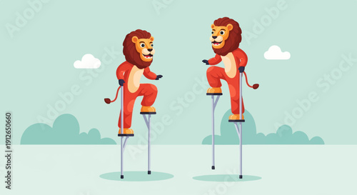 Two cartoon lions in red outfits stand on stilts under a cloudy sky