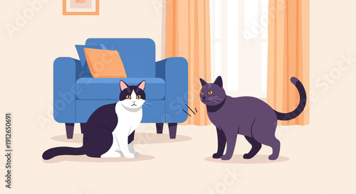 Two cats, one black and white, the other grey, interact in a room