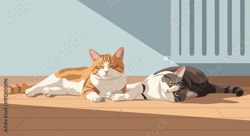 Two cats relax in a sunbeam on a wooden floor next to a radiator