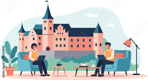 Two people work on laptops outdoors with a castle backdrop