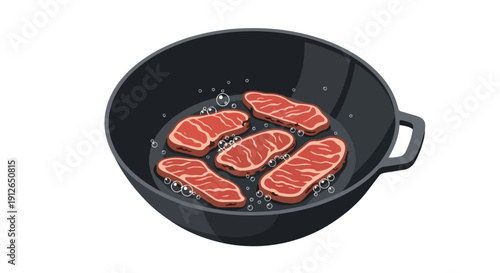 Stylized depiction of fresh meat cooking in a pan, bubbling oil indicating a culinary process