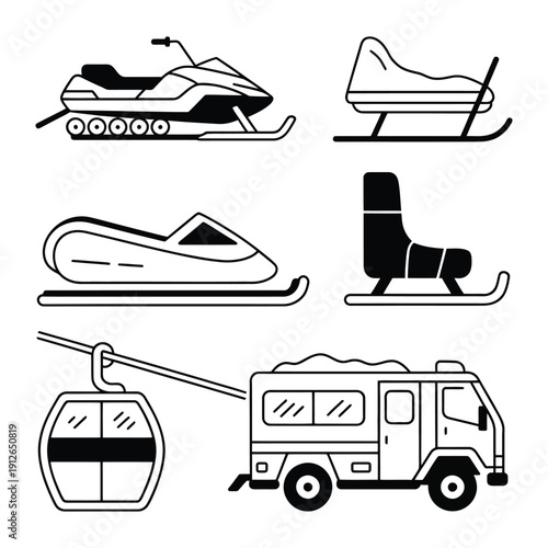 Winter Transport: Various winter vehicles and modes of transport are displayed with clean lines and simplicity. Conveying ease of navigation in cold environments.