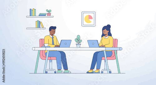 Two colleagues work on laptops at a desk with a plant and pie chart