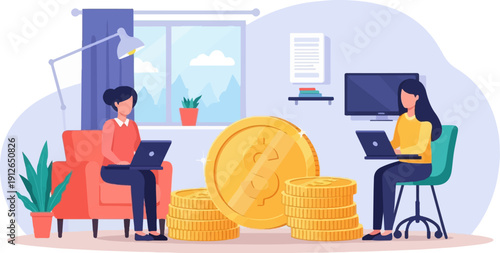 Two women working on laptops in a room with stacks of gold coins