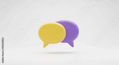 Two colorful 3D speech bubbles, one yellow and one purple, floating against a plain background