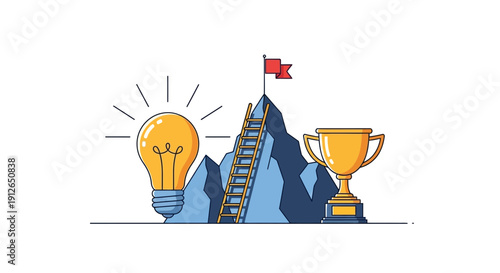 Idea, Success, Goal Achievement: Lightbulb, Mountain Climb, Ladder, Trophy