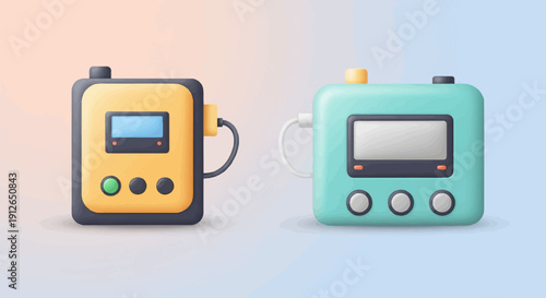 Two colorful electronic devices with screens and buttons, side by side