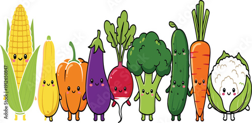 Cute kawaii vegetable characters vector illustration with smiling broccoli carrot corn eggplant radish cucumber and cauliflower, healthy food mascots for kids