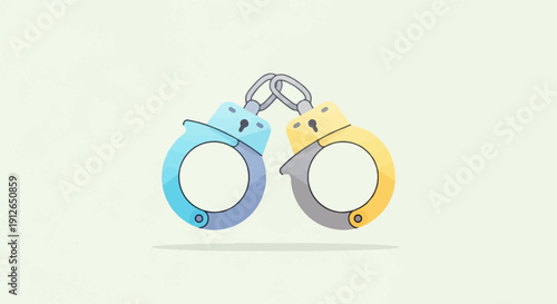 Two colorful handcuffs interlocked against a light background