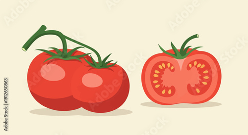 Two red tomatoes, one whole with green stem, the other halved revealing seeds