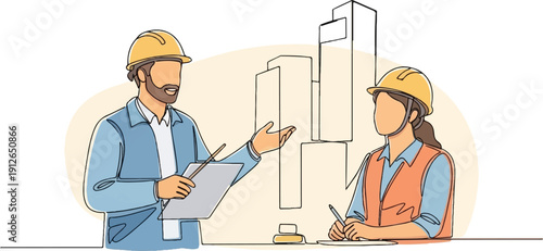 Two construction workers discuss plans, with building outlines in background