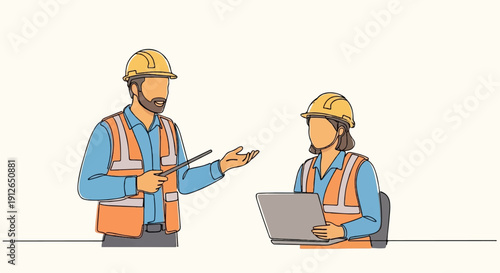 Two construction workers in hard hats and vests discuss a project