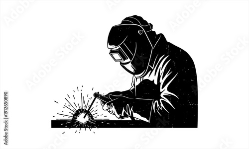 Skilled welder working with sparks flying in a black and white illustration.