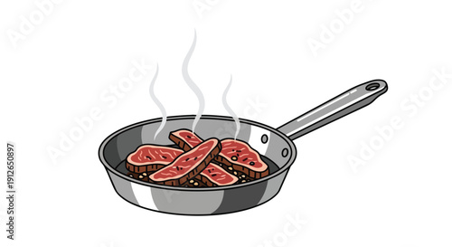 Juicy cuts of red meat sizzling gently in a polished frying pan, emitting soft plumes of steam, capturing the essence of homemade cooking and a