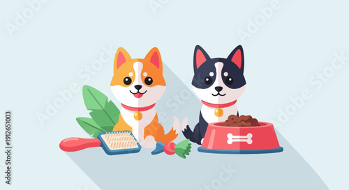 Two cute cartoon puppies, one orange, one black and white, with dog items