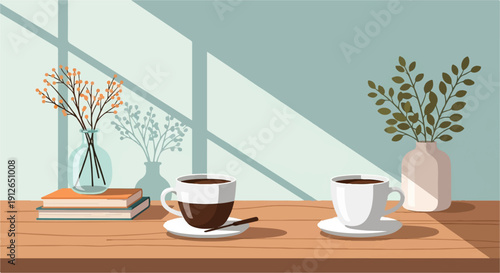 Two cups of coffee on a table with books and plants by the window