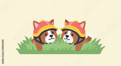 Two cute dogs wearing helmets peeking from grass