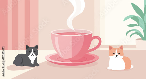 Two cute cats relax near a steaming cup of pink tea next to a potted plant