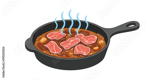 Sizzling meat in a hot pan cooking a flavorful stew with aromatic steam rising