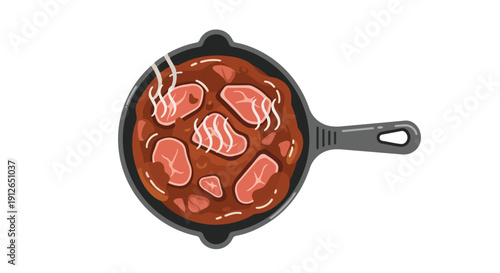 Hearty meat stew with tender chunks simmering gently in a cast-iron skillet, emanating inviting steam, perfect for a comforting and satisfying