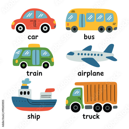 Colorful Transport Fleet: A charming collection of colorful vehicles, including a car, bus, train, airplane, ship, and truck, ready to ignite imagination and learning in a vibrant display.