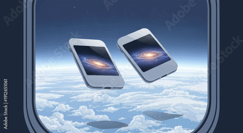 Two smartphones float in front of a cloud-filled sky viewed through a window