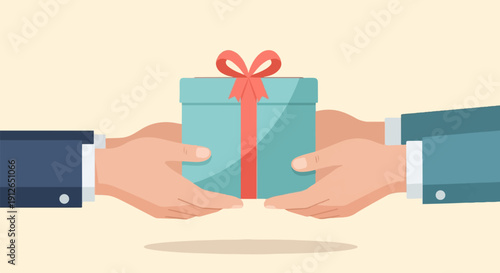 Two hands exchange a beautifully wrapped present, symbolizing generosity