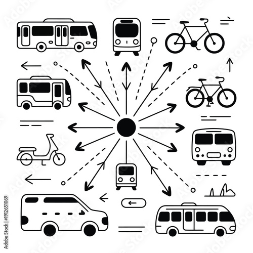 Transportation Network Diagram: A conceptual illustration showcases various modes of transport radiating outwards from a central hub. It symbolizes connectivity, mobility.