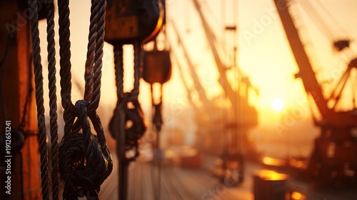 rigging. Industrial crane cables and rigging at a port during a warm sunset. inspiring travel planning, safety posters, designed for precision metalworking and fabrication facilities.